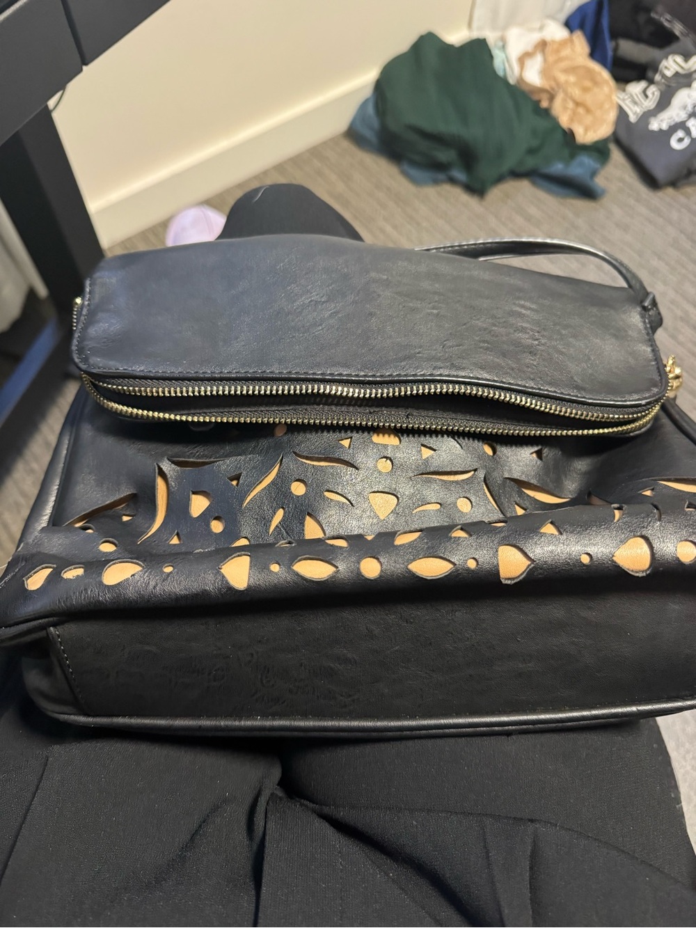Black Cutout Accent Women's Crossbody Bag with Tan Underlay